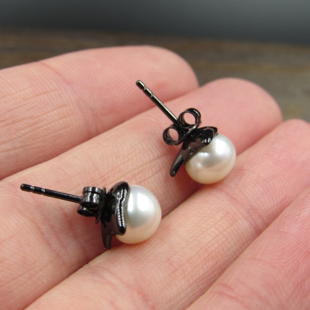 Sterling Silver Dark Tone Kitty Cat Pearl Stud Earrings Vintage - Picture 3 of 6